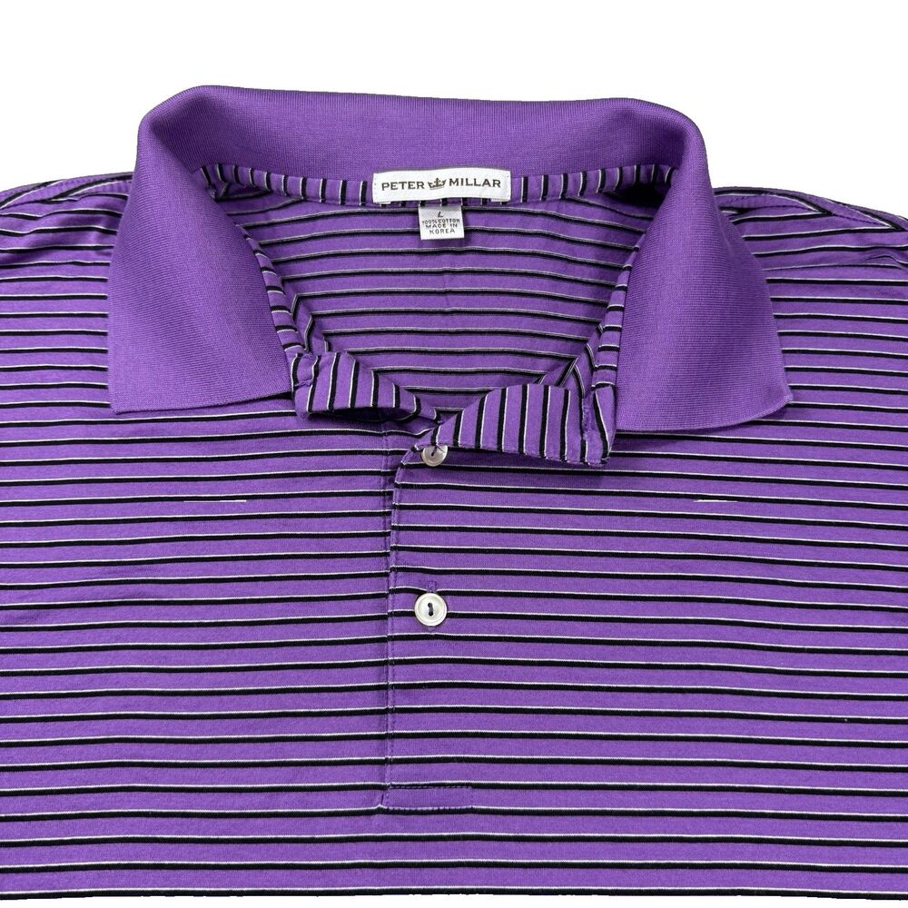 Peter Millar Mens Polo Shirt Purple Black Stripe Sz Large 100% Cotton Soft Comfy